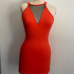 Orange Mesh Cutout Bodycon Mini Dress